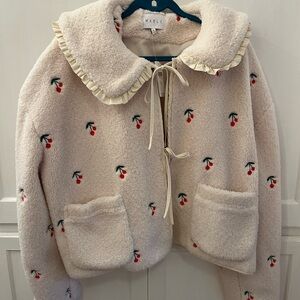 Anthropologie Cream Teddy Jacket with Red Cherry Embroidery